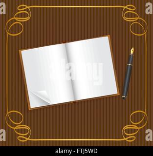 Libro aperto con spazio vuoto per testo e penna, su vintage sfondo marrone con cornice dorata Illustrazione Vettoriale
