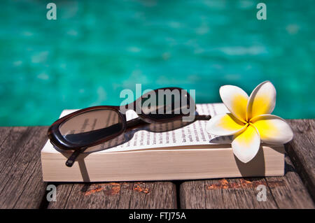 Prenota e occhiali da sole blu sullo sfondo di acqua Foto Stock