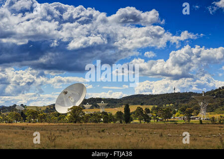 Array di spazio profondo le antenne radio a Canberra CSIRO stazione di comunicazione dietro il pianoro pascolivo con le pecore. Foto Stock