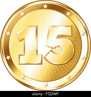 Round a forma di cerchio badge di metallo / sigillo di approvazione in un look d'oro e il numero di quindici. Illustrazione Vettoriale