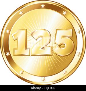 Round a forma di cerchio badge di metallo / sigillo di approvazione in un look d'oro e il numero di un centinaio di venticinque. Illustrazione Vettoriale