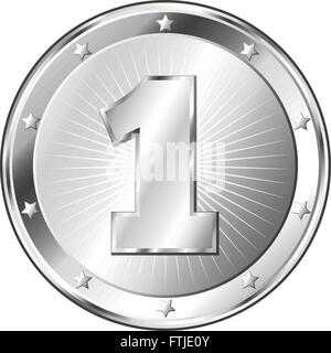 Round a forma di cerchio badge di metallo / sigillo di approvazione in argento e cercare il numero uno. Illustrazione Vettoriale