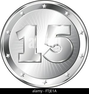 Round a forma di cerchio badge di metallo / sigillo di approvazione in argento e cercare il numero di quindici. Illustrazione Vettoriale