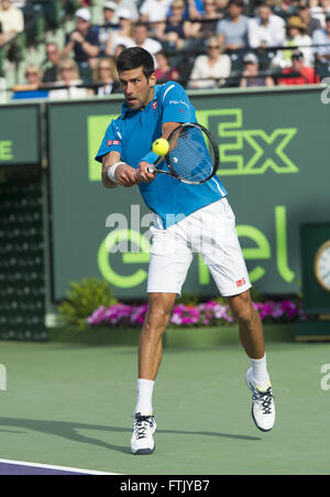 Key Biscayne, FL, Stati Uniti d'America. 29 Mar, 2016. Key Biscayne, FL - MARZO 29: Novak Djokovic (SRB) in azione qui sconfigge Dominic Thiem(AUT) 63 64 al 2016 Miami apre al Crandon Centro Tennis di Key Biscayne Florida. Credito: Andrea, Patrono/ZUMA filo/Alamy Live News Foto Stock