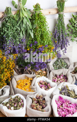 La guarigione di erbe mediche in un lino sacchi Foto Stock