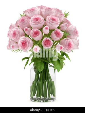 Bouquet di rose rosa in vaso di vetro isolato su sfondo bianco Foto Stock