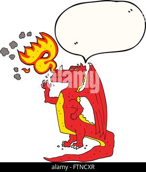 Disegnate a mano libera discorso bolla cartoon happy Dragon fuoco respirazione Illustrazione Vettoriale