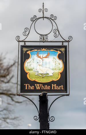 Bellissimo pub segno per il XVIII secolo casa carovaniera del White Hart in Crawley High Street. Foto Stock