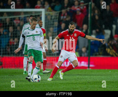 24 marzo 2016,Steven Davis (8) dell'Irlanda del Nord   Joe Ledley (16) del Galles durante la International amichevole tra Foto Stock