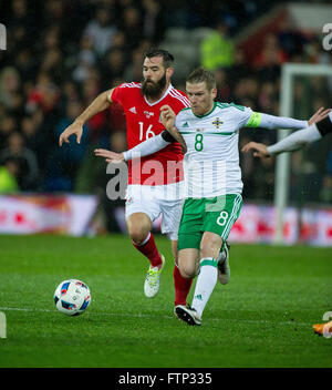 24 marzo 2016,Steven Davis (8) dell'Irlanda del Nord   Joe Ledley (16) del Galles durante la International amichevole tra Foto Stock