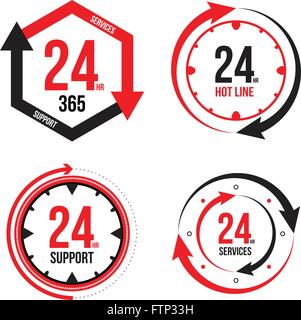 Assistenza e supporto per i clienti di tutto il clock o 24 ore icona isolati su sfondo bianco. Illustrazione Vettoriale