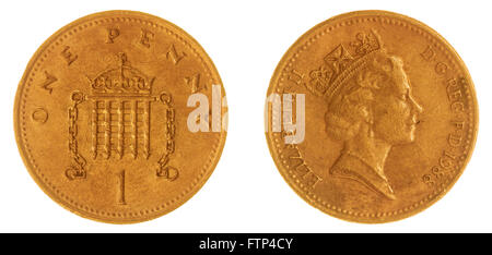 In bronzo 1 penny 1988 coin isolati su sfondo bianco, Gran Bretagna Foto Stock