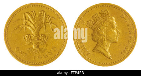 Nichel-ottone 1 pound 1985 coin isolati su sfondo bianco, Gran Bretagna Foto Stock