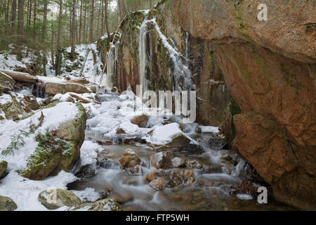 Piccola gola lungo il ruscello a cascata in Flume Gorge Scenic Area a Lincoln, New Hampshire USA durante i mesi invernali. Foto Stock