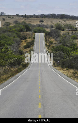 PE-218 Autostrada vuota attraverso la savana in backlands di Pernambuco Foto Stock