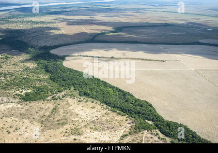 Vista aerea di proprietà rurali con terreni arati per la semina di semi di soia Foto Stock