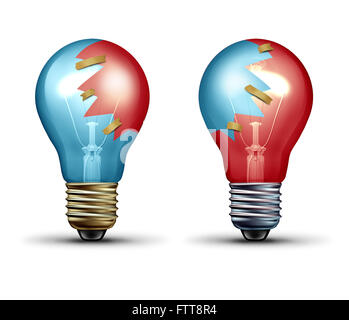 Idea del concetto di commercio come due lampadine o lampadina icone condivisa con pezzi di vetro come un lavoro di squadra e Leadership simbolo rappresentante lavorando insieme come un uguale team creativo in partnership. Foto Stock