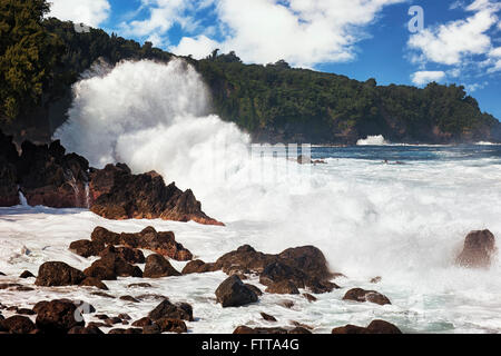 Onde gigantesche e pesanti sterlina surf il litorale di lava a Laupahoehoe punto sulla Big Island delle Hawaii. Foto Stock