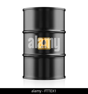 Metallo nero barile di petrolio su sfondo bianco, concetto industriale. Foto Stock