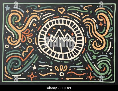 Montagna. Disegnato a mano stampa vintage con contorno decorativo ornamento. Disegnato a mano illustrazione di turbolenza di stile etnico. Illustrazione Vettoriale
