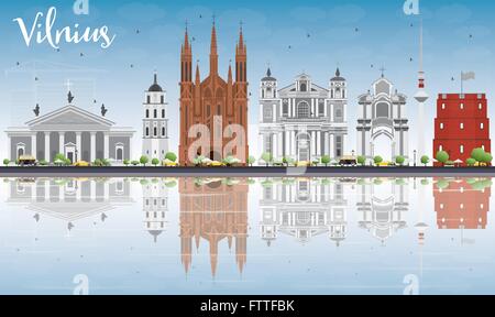 Lo Skyline di Vilnius con punti di riferimento di colore grigio, blu cielo e riflessioni. Illustrazione Vettoriale. Viaggi di affari e turismo Concept Illustrazione Vettoriale