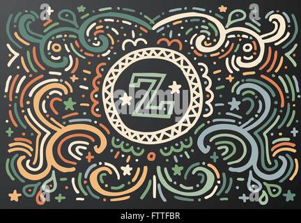 Lettera Z. disegnati a mano stampa vintage con contorno decorativo di testo. Sfondo vintage. Illustrazione Vettoriale. Isolato su nero Illustrazione Vettoriale