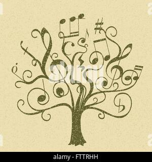 Disegnata a mano albero con ramoscelli ricci con note musicali e segni come foglie e fiori. astratta illustrazione concettuale sulla musica Illustrazione Vettoriale