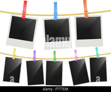 Cornici fotografiche appeso a una fune con multi colore clothespins. Blank retrò cornici fotografiche.vettore Illustrazione Vettoriale