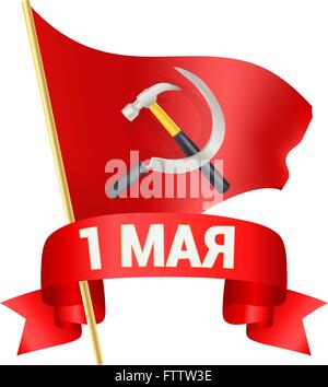 1° giorno di maggio illustrazione con bandiera rossa, a falce e martello e una prua con testo russo. La giornata del lavoro saluto, operaio internazionale Illustrazione Vettoriale