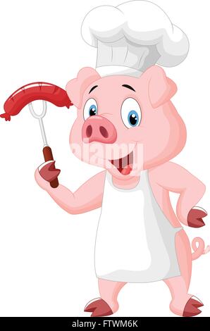 Chef di maiale Cartoon con salsiccia sulla forcella Illustrazione Vettoriale