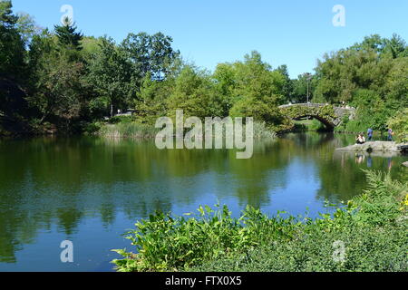 Lo stagno e Gapstow Bridge in Central Park Foto Stock