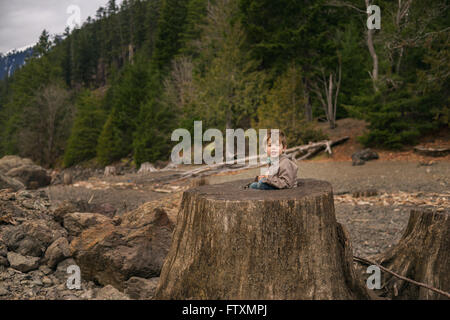 Ragazzo seduto in un tronco di albero nella foresta Foto Stock