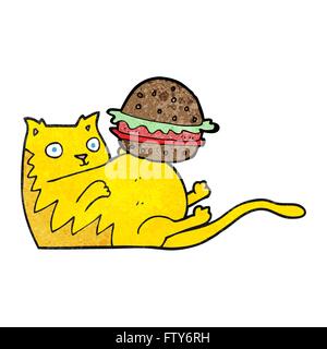 Freehand textured cartoon Fat Cat con burger Illustrazione Vettoriale