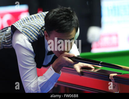 Pechino, Cina. 31 Mar, 2016. Marco fu di cinese di Hong Kong compete durante la partita contro il judo Trump di Inghilterra al 2016 World Snooker China Open a Pechino Capitale della Cina, Marzo 31, 2016. Trump ha vinto la partita 5-1. Credito: Meng Yongmin/Xinhua/Alamy Live News Foto Stock