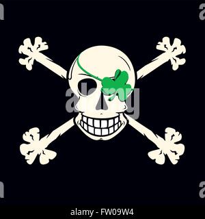Jolly Roger a la irlandese con green shamrock eyepatch, cranio, ossa e sfondo nero. Illustrazione Vettoriale