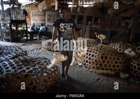 La vendita di polli in Stone Town Market, Zanzibar, Tanzania. Foto Stock