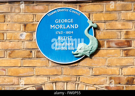 Targa blu sul sito dell'ex casa dell'artista George Morland in amore Lane, Margate, Kent, Inghilterra. Foto Stock