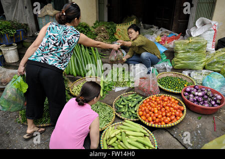 Donna vendita di verdure al mercato nel quartiere vecchio di Hanoi, Vietnam Foto Stock