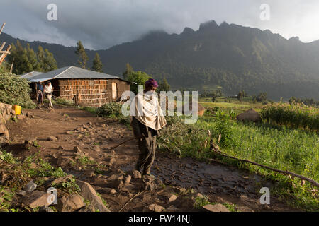 Villaggio Mescha, Nord Shewa, Etiopia, Ottobre 2013: La vita quotidiana nel villaggio di buon mattino. Foto Stock