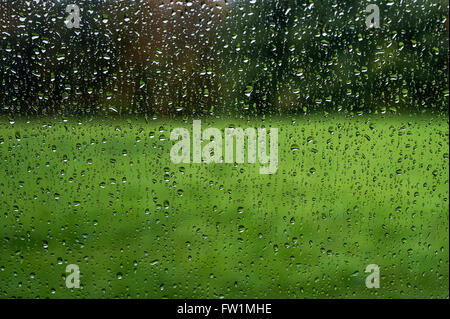 Pioggia finestra striate guardando fuori. Foto Stock