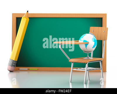 3D'illustrazione. La gente bianca con banco di scuola, Globe e lavagna. Il concetto di istruzione. Isolato sullo sfondo bianco. Foto Stock