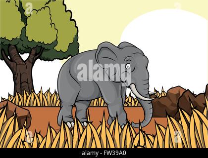 Elefante savana safari scena con uno spazio vuoto Illustrazione Vettoriale