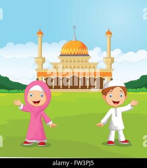 Happy cartoon bambini musulmani sventolare mano davanti alla moschea Illustrazione Vettoriale