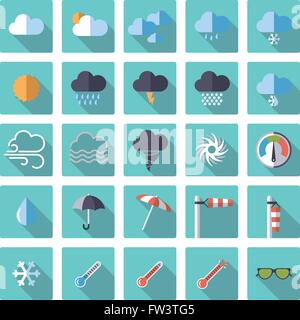 Meteo e clima piatto correlati icone del design in quadrati arrotondati Illustrazione Vettoriale