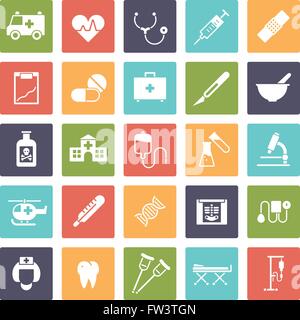 Assistenza medica e sanitaria relative icone glifo, negativo in quadrati colorati Illustrazione Vettoriale