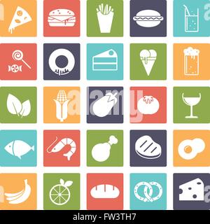 Il cibo e le bevande icone vettoriali, negativo in quadrati colorati Illustrazione Vettoriale