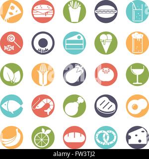 Il cibo e le bevande vettore set di icone, negativo nei cerchi colorati Illustrazione Vettoriale