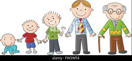 Invecchiamento della popolazione, gli uomini nelle diverse età. Disegnata a mano cartoon uomini Illustrazione Vettoriale