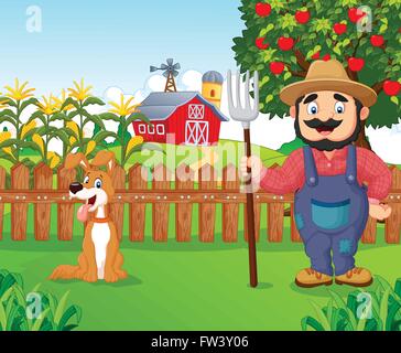 Cartoon l'agricoltore che detiene un rastrello con il cane Illustrazione Vettoriale
