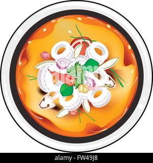 Cucina thailandese, Tom Yum o tailandese tradizionale e piccante minestra acida con calamari, i funghi, il latte di cocco e erbe aromatiche. Uno dei la maggior parte dei pop Illustrazione Vettoriale